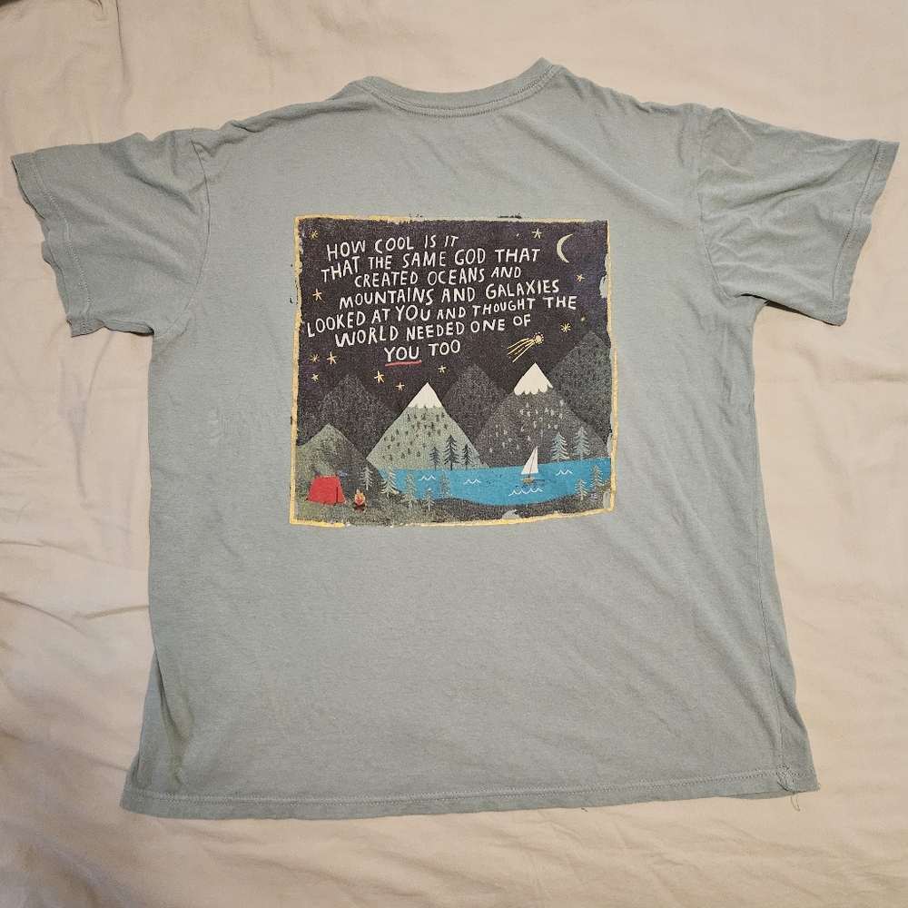 dusty green teeshirt with lovely words on the back